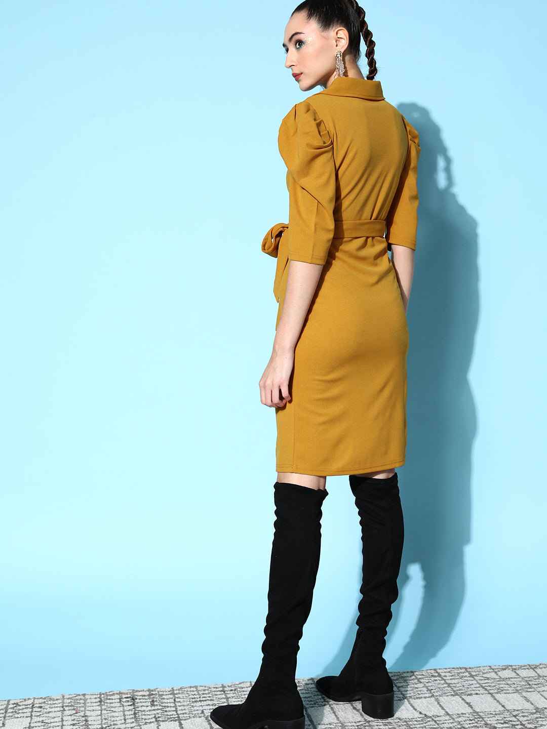 Women's Mustard Cotton Wrap Midi Bodycon Dress - Lyush