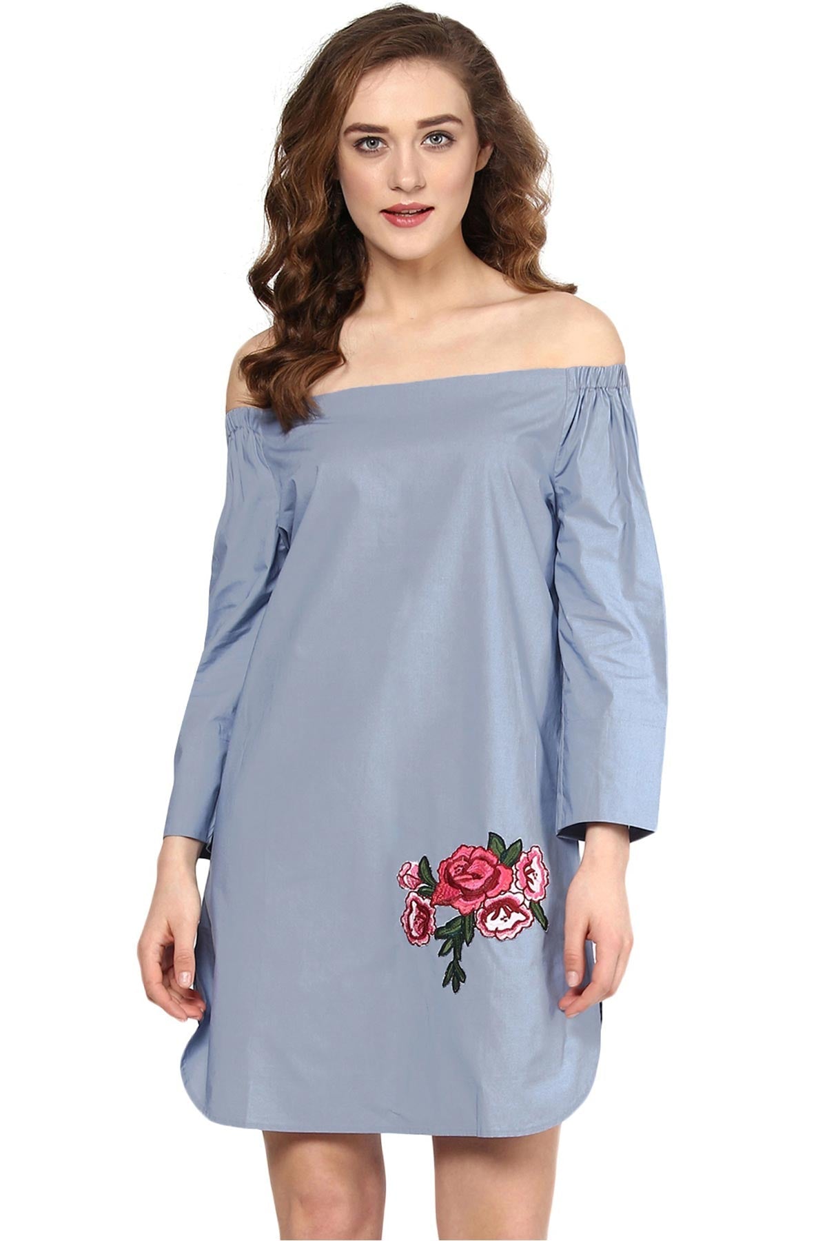 Women's Blue Patch Off Shoulder Dress - SASSAFRAS