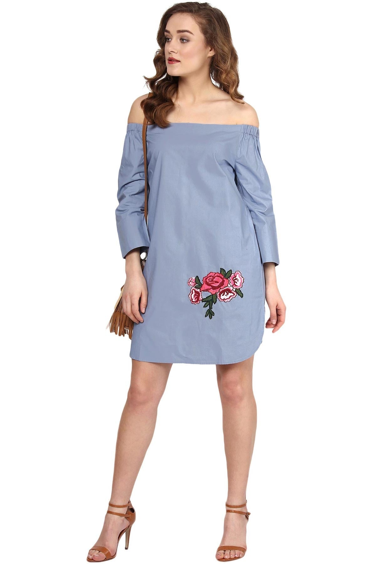 Women's Blue Patch Off Shoulder Dress - SASSAFRAS