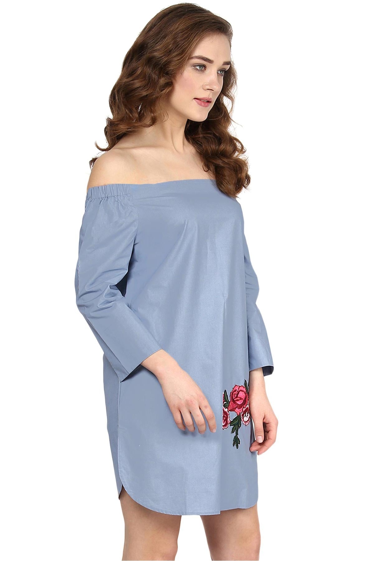 Women's Blue Patch Off Shoulder Dress - SASSAFRAS