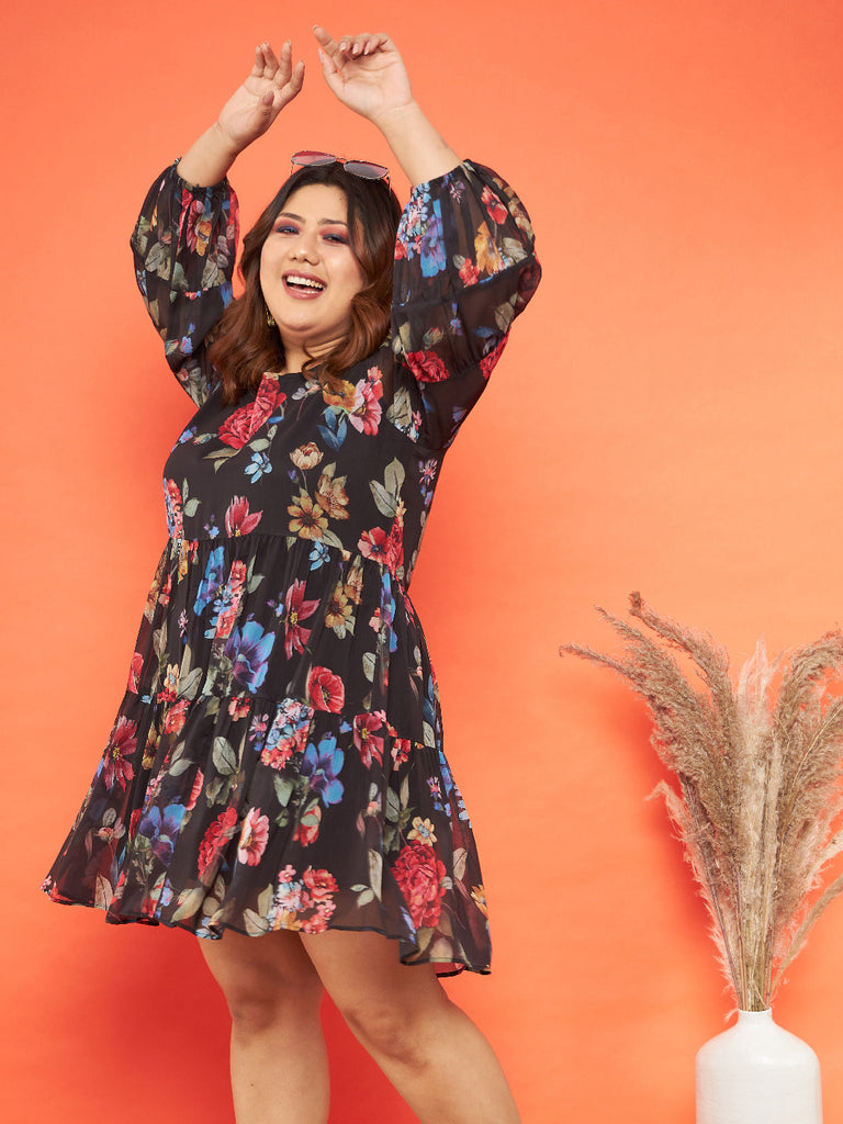 Women's Black Floral Raglan Sleeves Tiered Dress