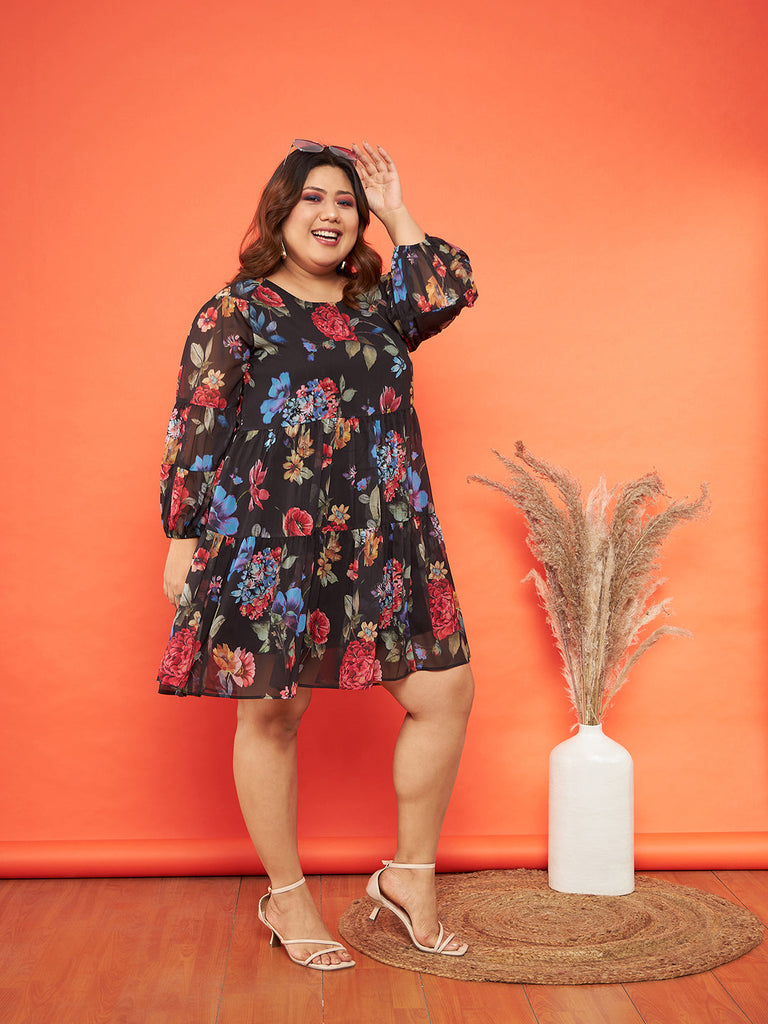 Women's Black Floral Raglan Sleeves Tiered Dress