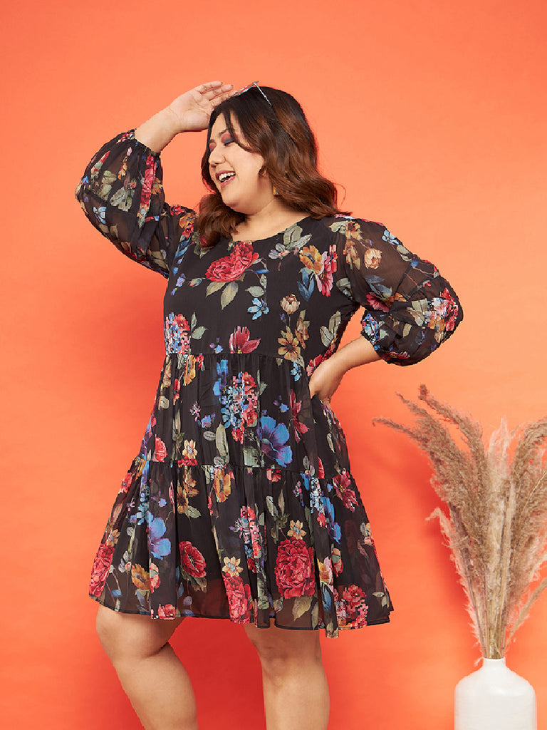 Women's Black Floral Raglan Sleeves Tiered Dress