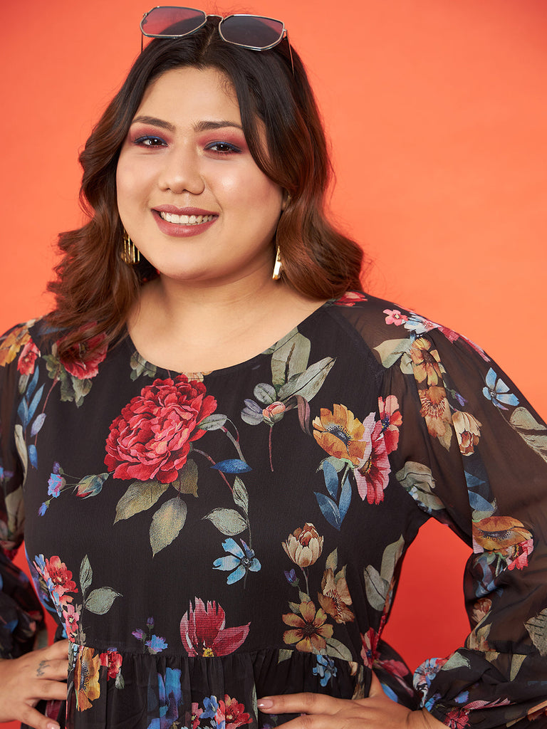 Women's Black Floral Raglan Sleeves Tiered Dress