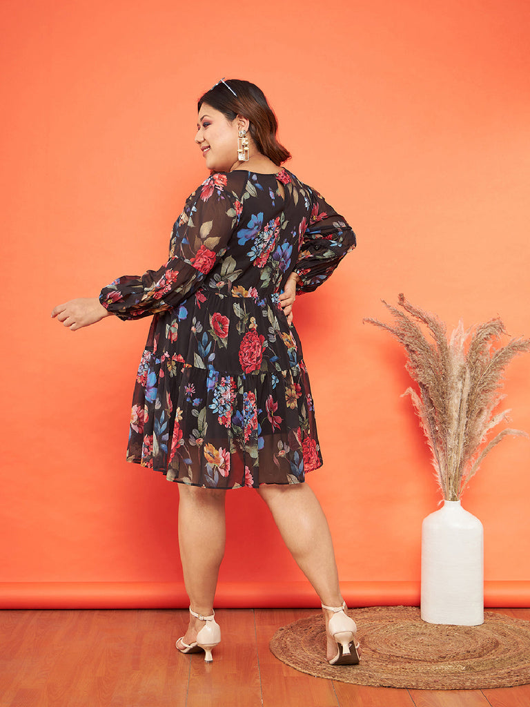Women's Black Floral Raglan Sleeves Tiered Dress