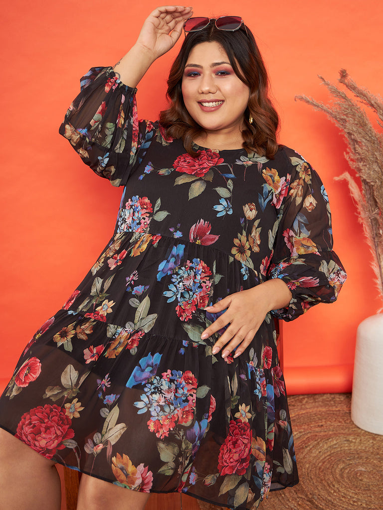 Women's Black Floral Raglan Sleeves Tiered Dress