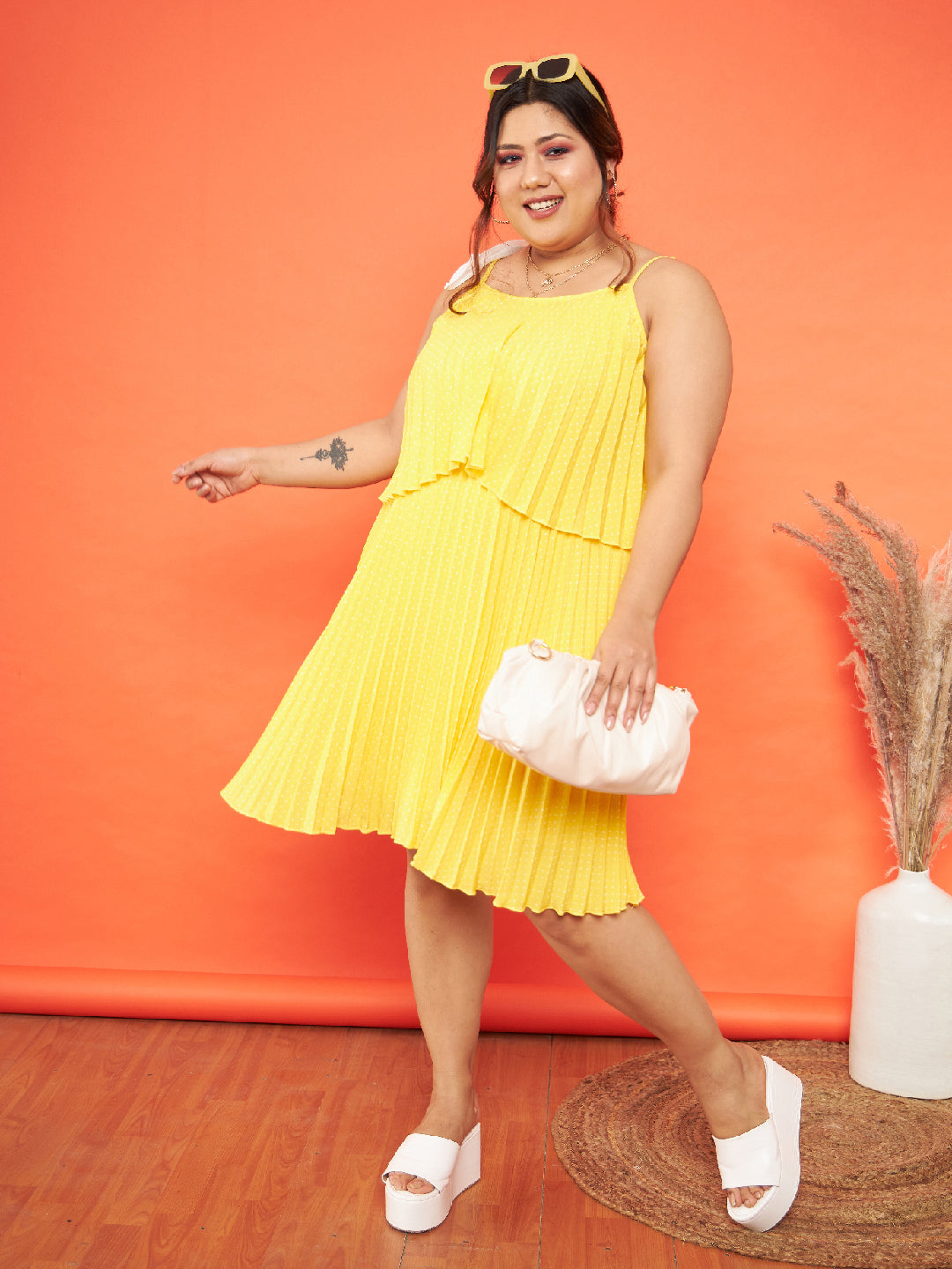 Women's Yellow Polka Dot Accordion Pleated Layered Dress - SASSAFRAS
