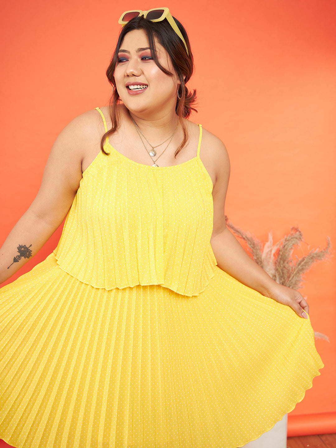 Women's Yellow Polka Dot Accordion Pleated Layered Dress - SASSAFRAS