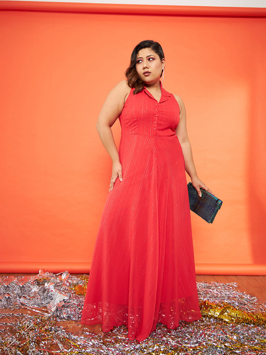 Women's Red Chiffon Lurex Notched Collar Maxi Dress - SASSAFRAS
