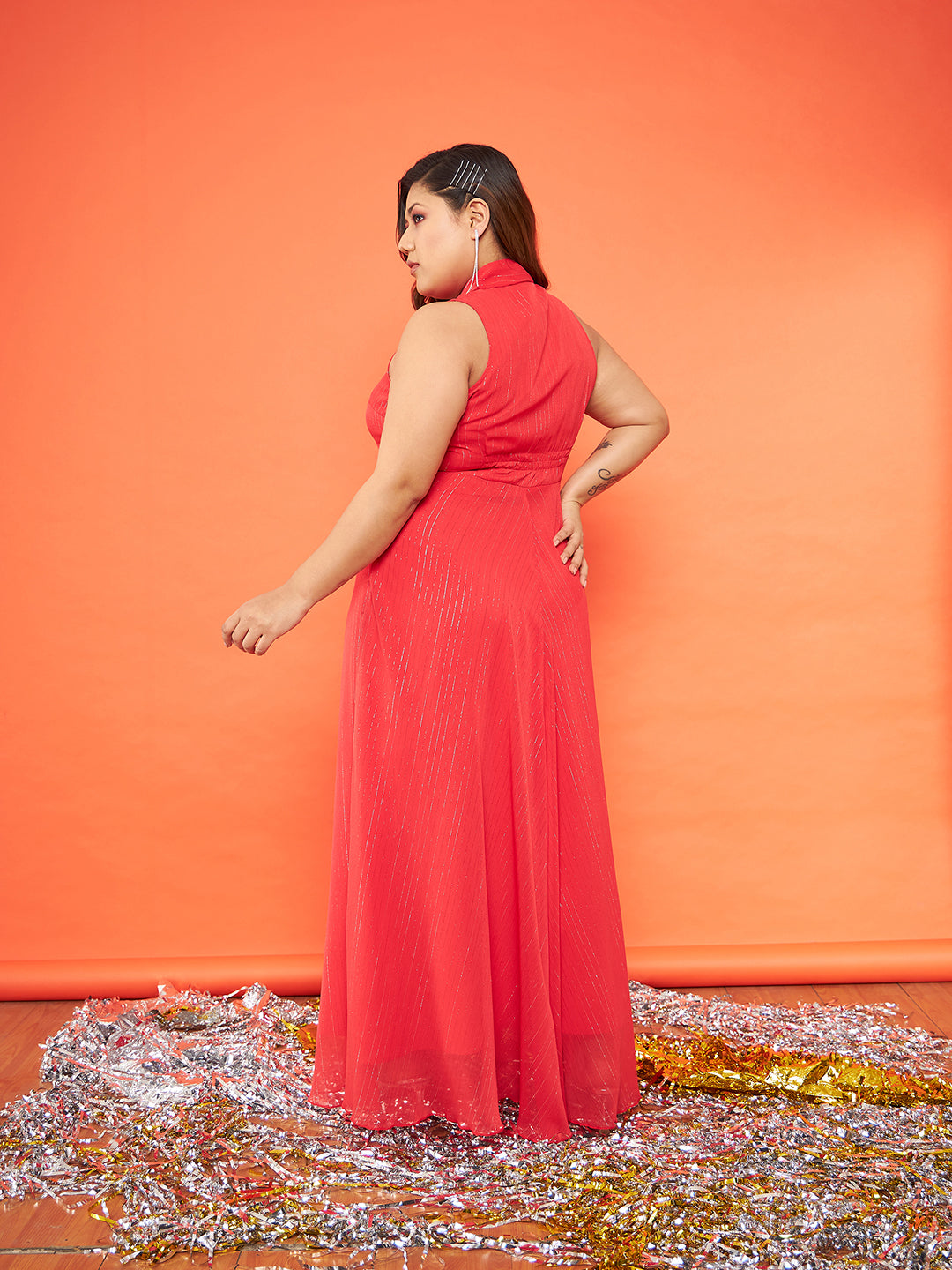 Women's Red Chiffon Lurex Notched Collar Maxi Dress - SASSAFRAS
