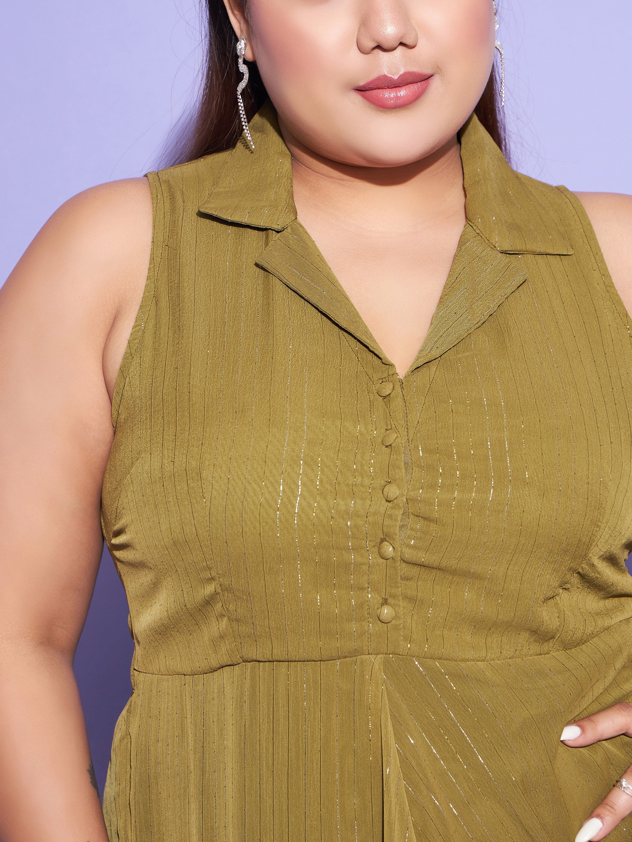 Women's Green Chiffon Lurex Notched Collar Maxi Dress - SASSAFRAS