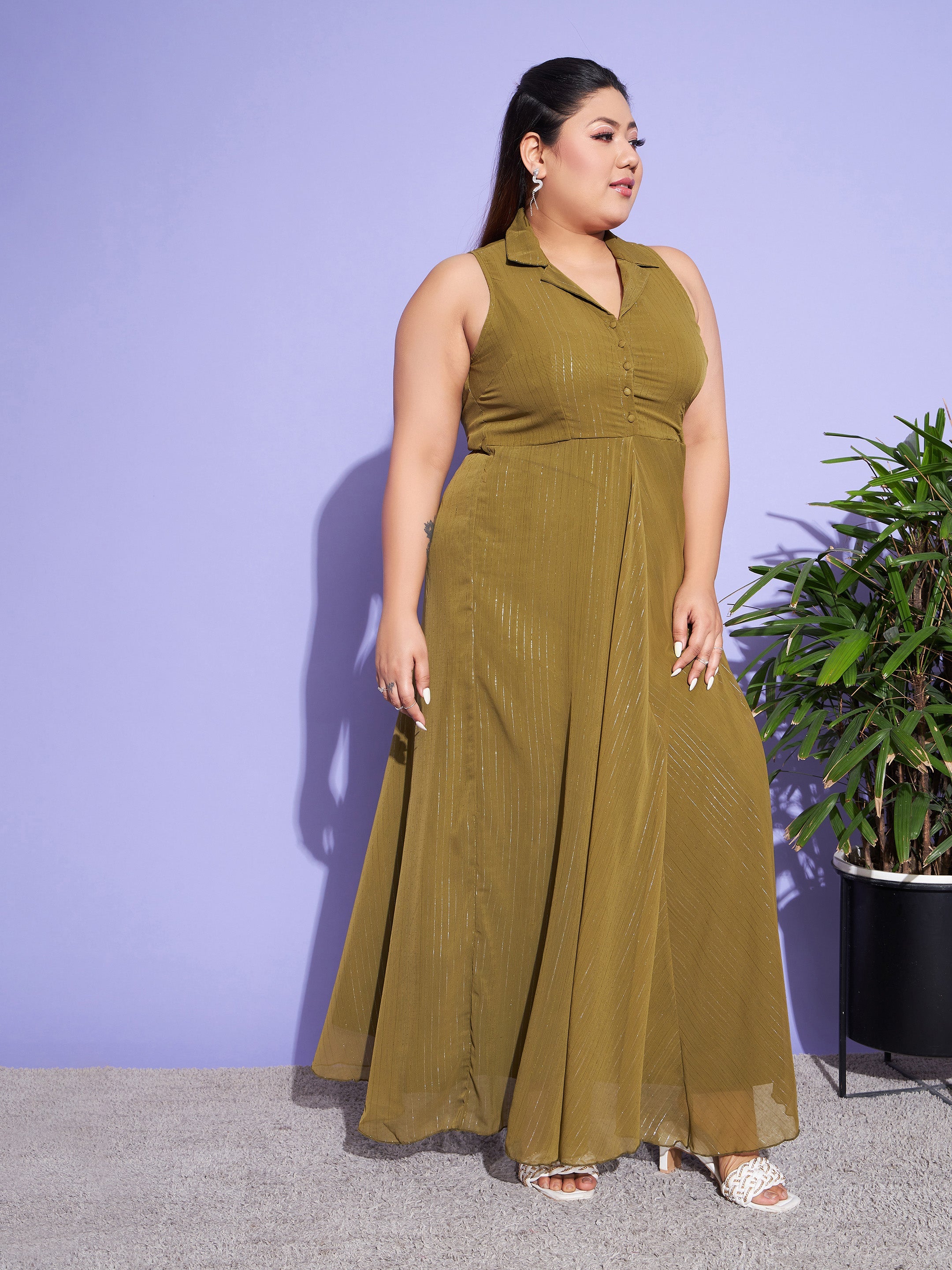 Women's Green Chiffon Lurex Notched Collar Maxi Dress - SASSAFRAS
