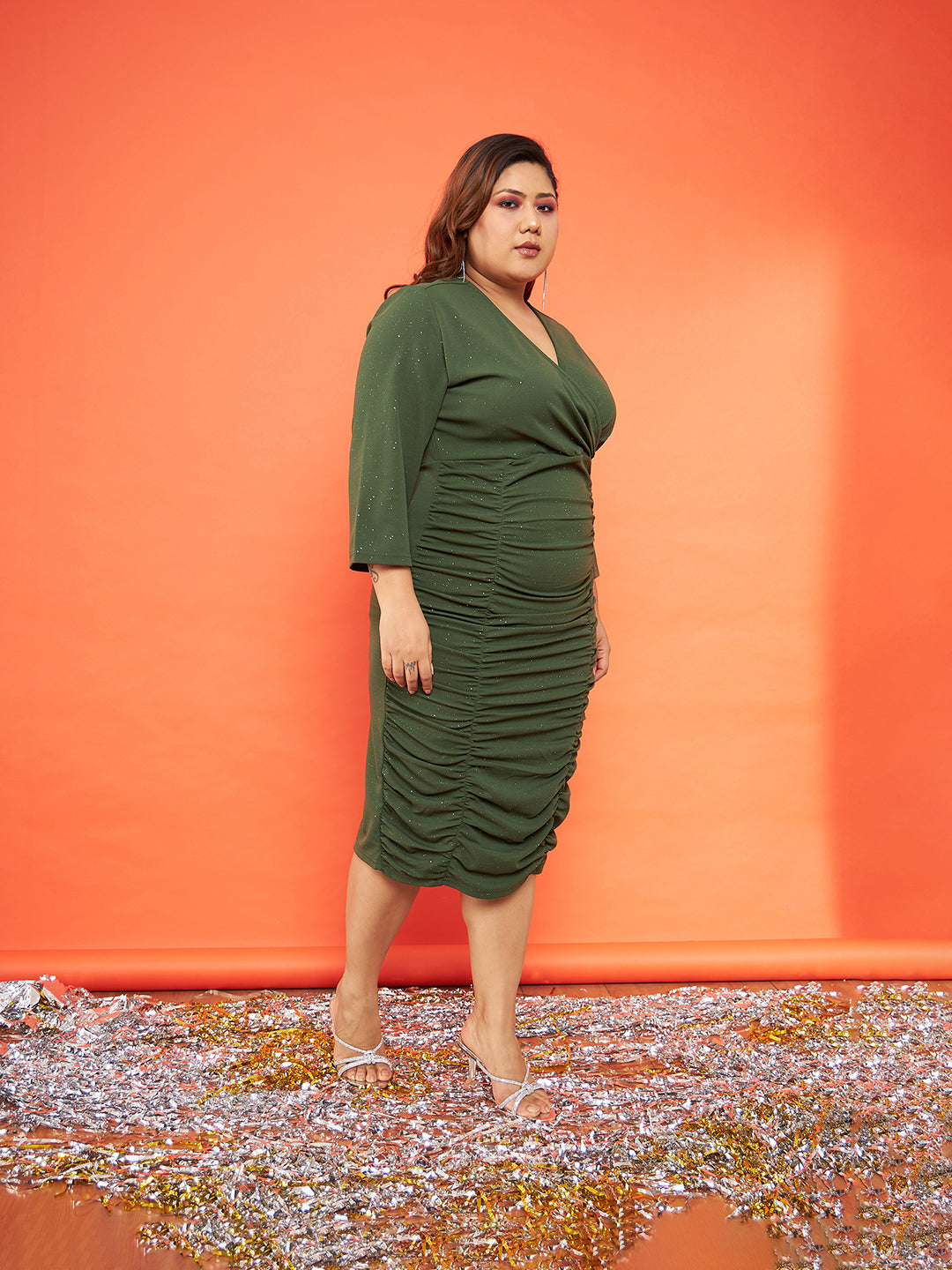 Women's Olive Glitter Ruched Bodycon Midi Dress - SASSAFRAS