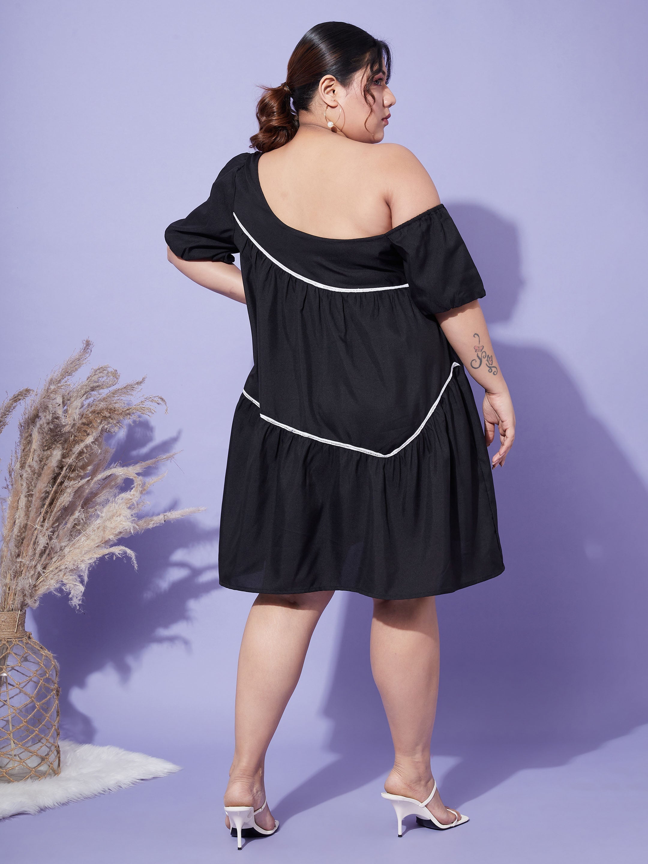 Women's Black One Shoulder Loose Fit Short Dress - SASSAFRAS