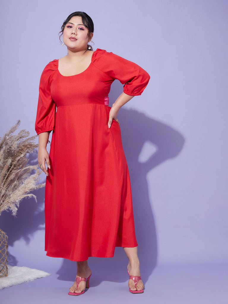 Women's Red Back Tie-Up Midi Dress