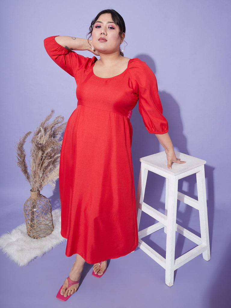 Women's Red Back Tie-Up Midi Dress