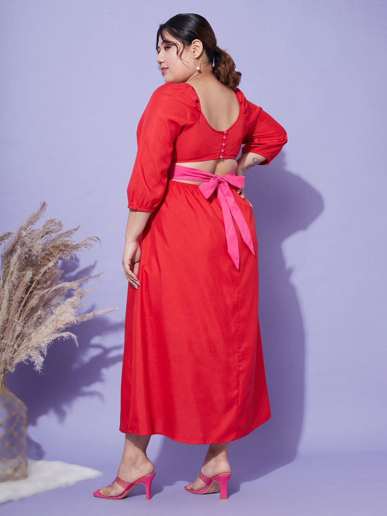 Women's Red Back Tie-Up Midi Dress