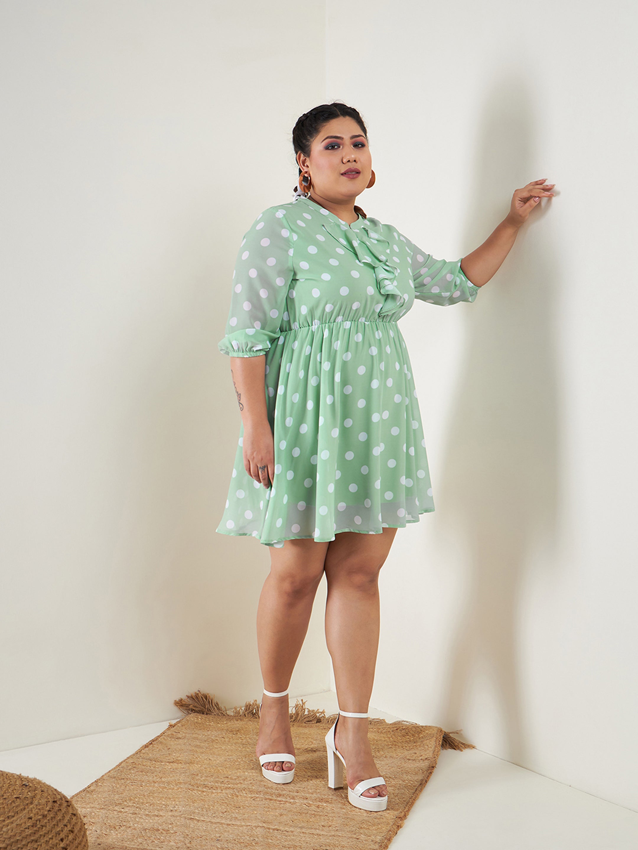 Women's Sea Green Polka Dot Fit & Flare Ruffle Dress - SASSAFRAS