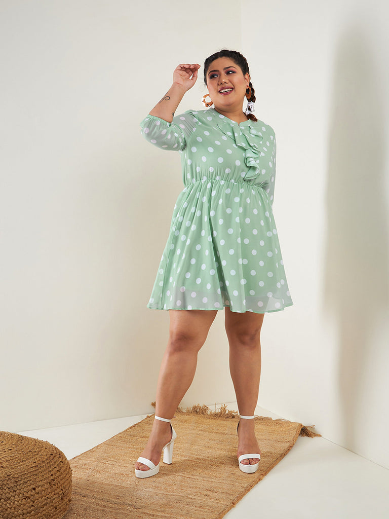 Women's Sea Green Polka Dot Fit & Flare Ruffle Dress