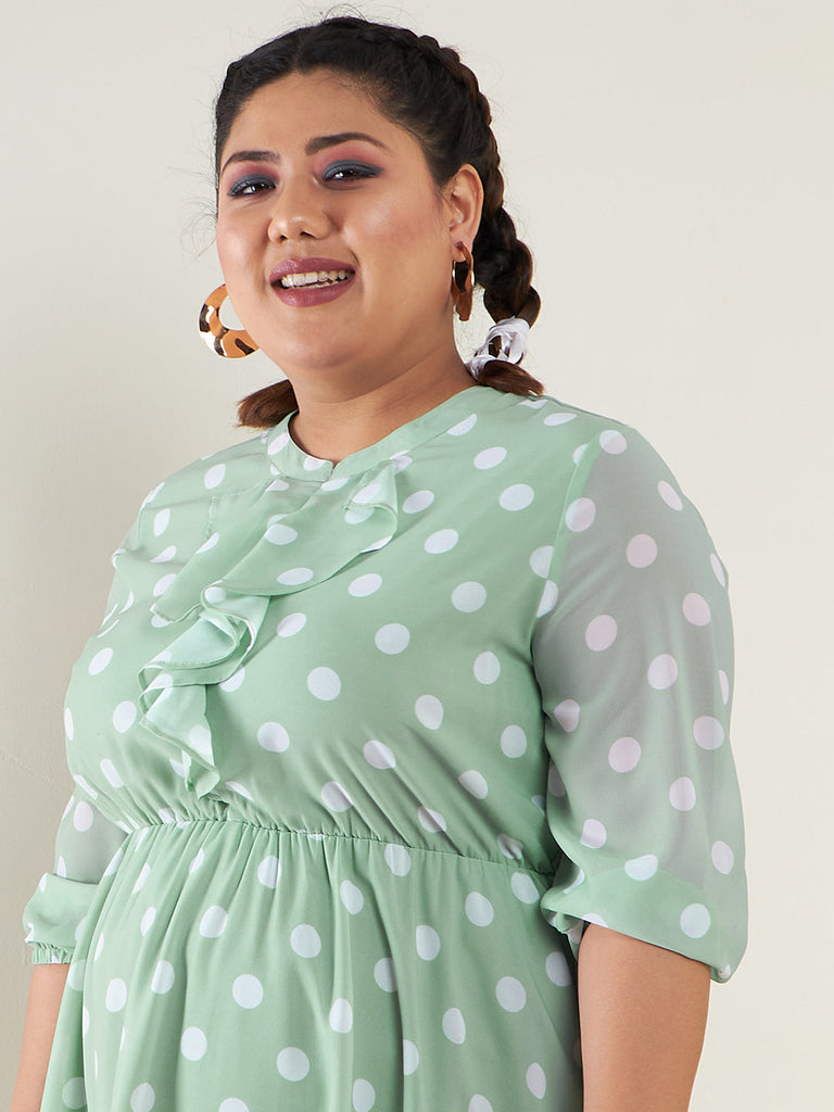 Women's Sea Green Polka Dot Fit & Flare Ruffle Dress