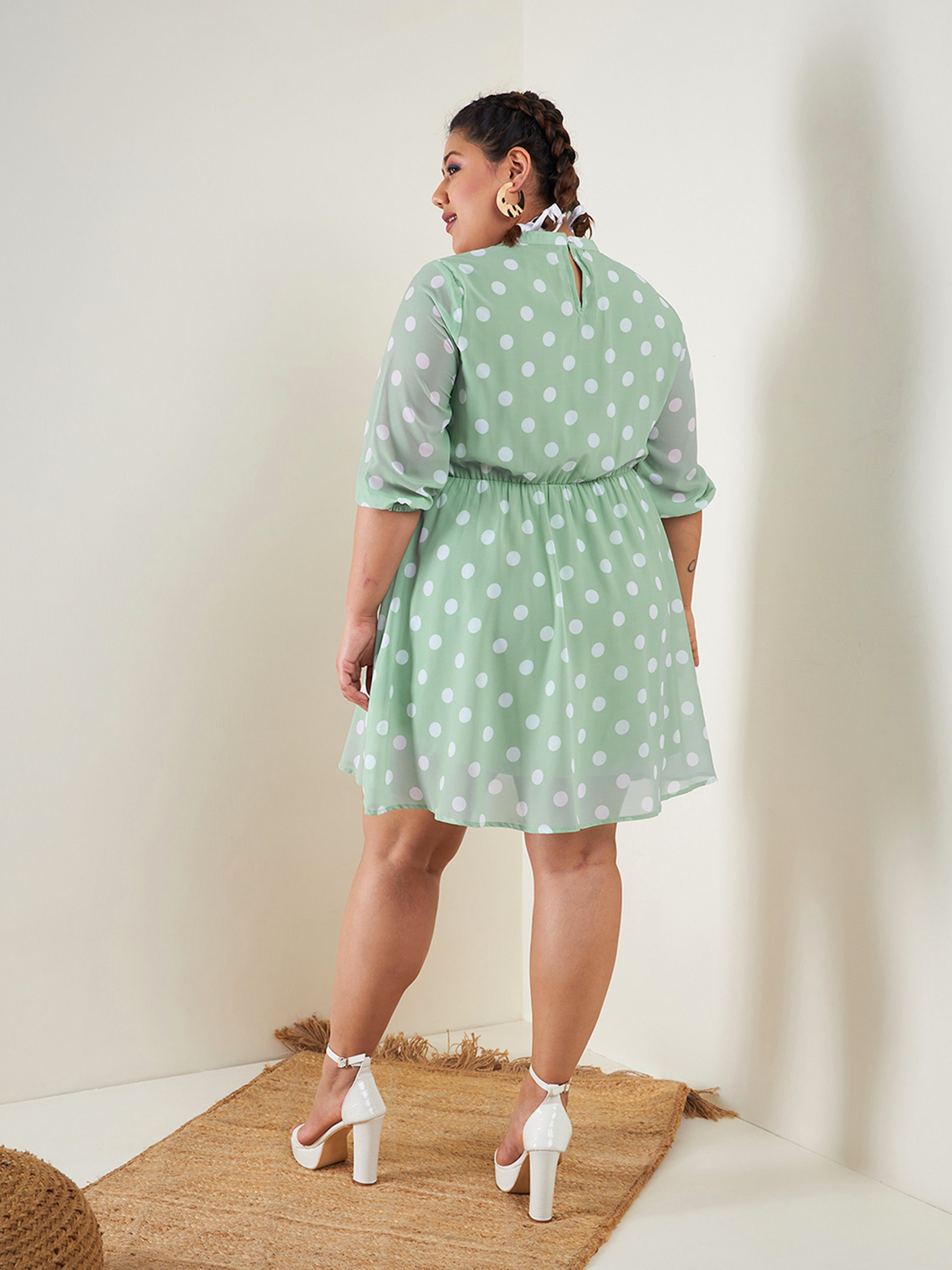 Women's Sea Green Polka Dot Fit & Flare Ruffle Dress - SASSAFRAS