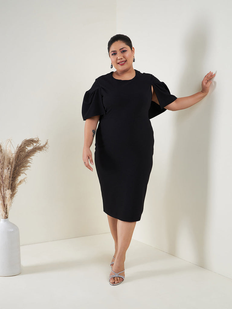 Women's Black Cape Sleeves Bodycon Midi Dress
