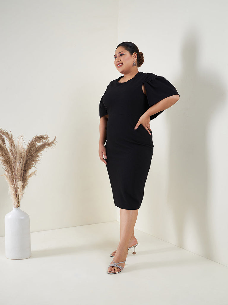 Women's Black Cape Sleeves Bodycon Midi Dress
