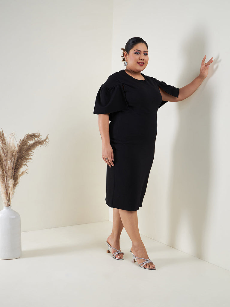 Women's Black Cape Sleeves Bodycon Midi Dress