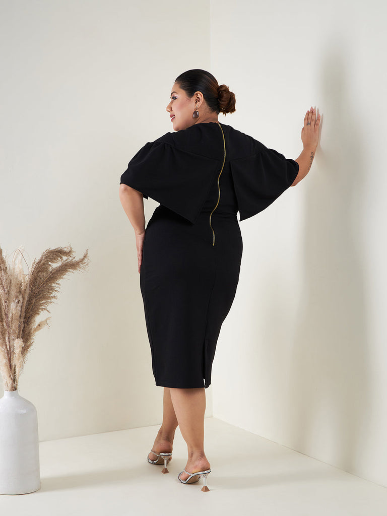 Women's Black Cape Sleeves Bodycon Midi Dress