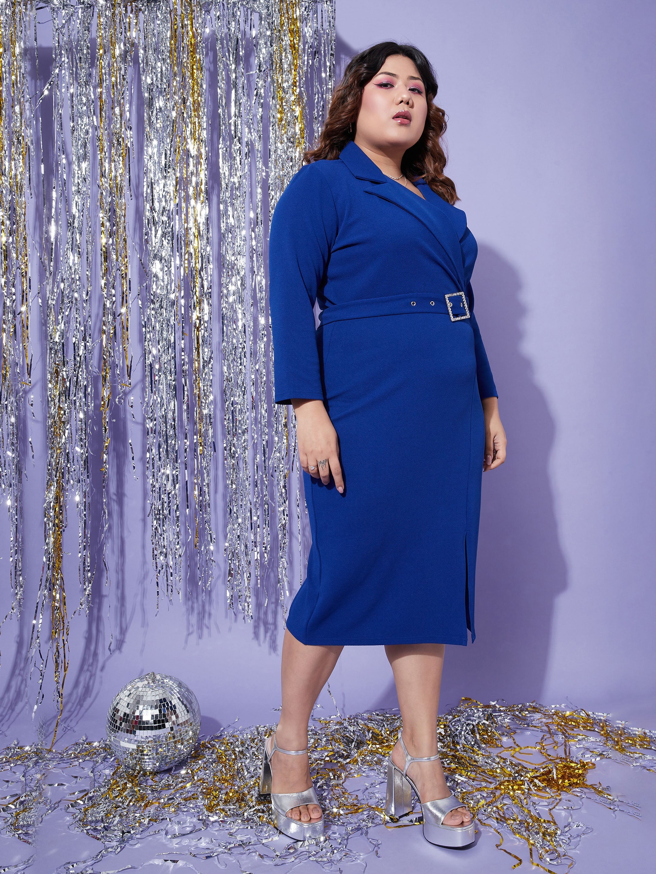 Women's Royal Blue Notch Collar Belted Bodycon Dress Blue / 6XL