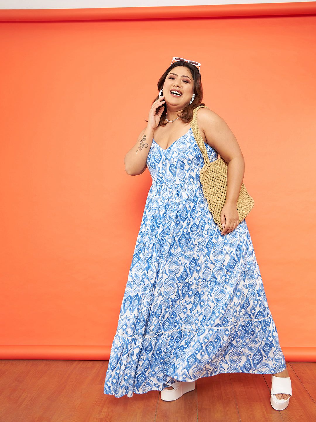 Women's Blue & White Ikat Strappy Tiered Maxi Dress - SASSAFRAS