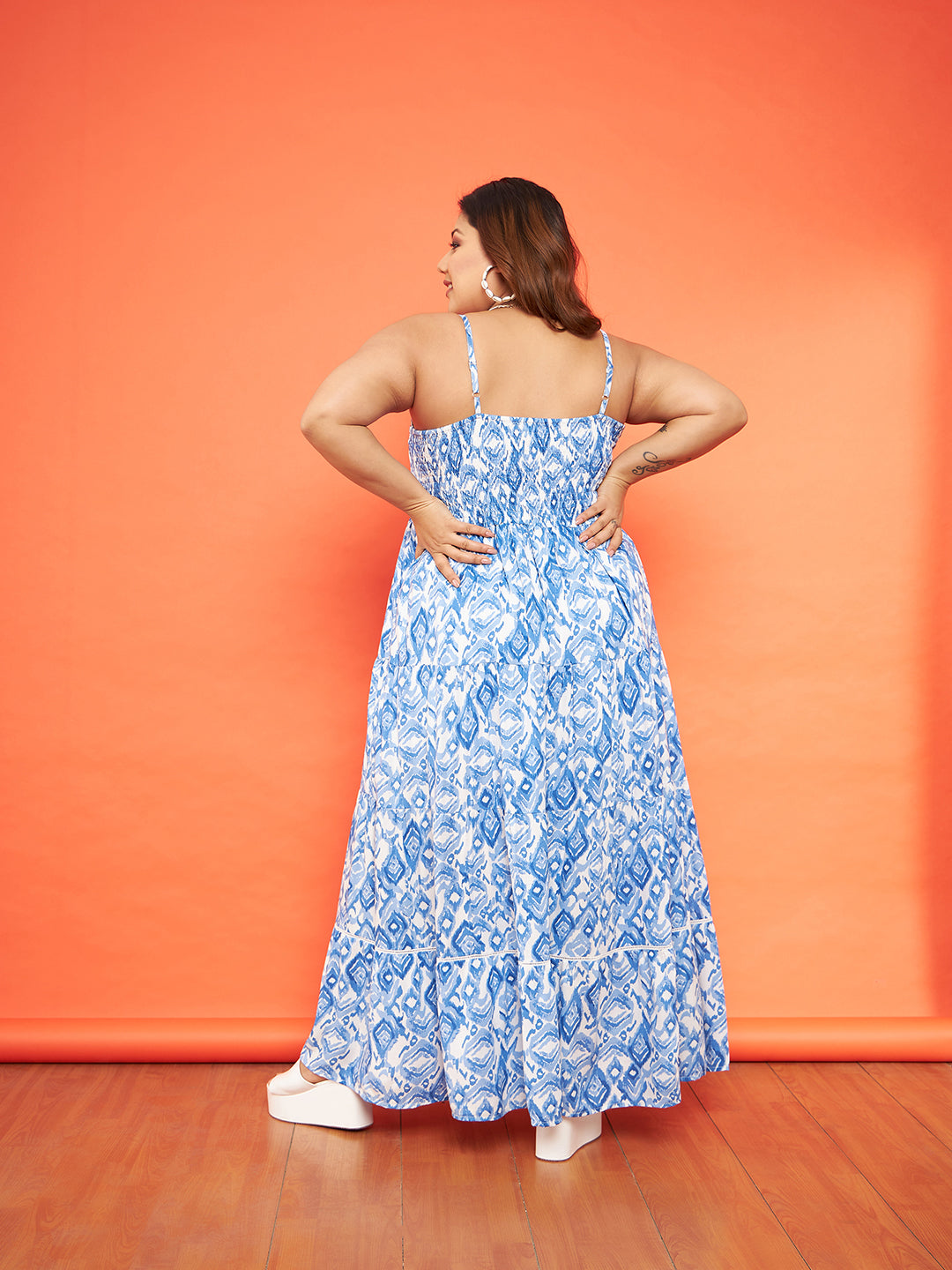 Women's Blue & White Ikat Strappy Tiered Maxi Dress - SASSAFRAS