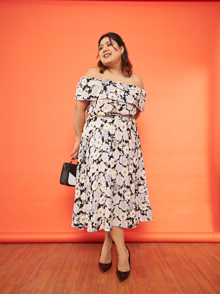 Women's Black Floral Bardot Layered A-Line Midi Dress