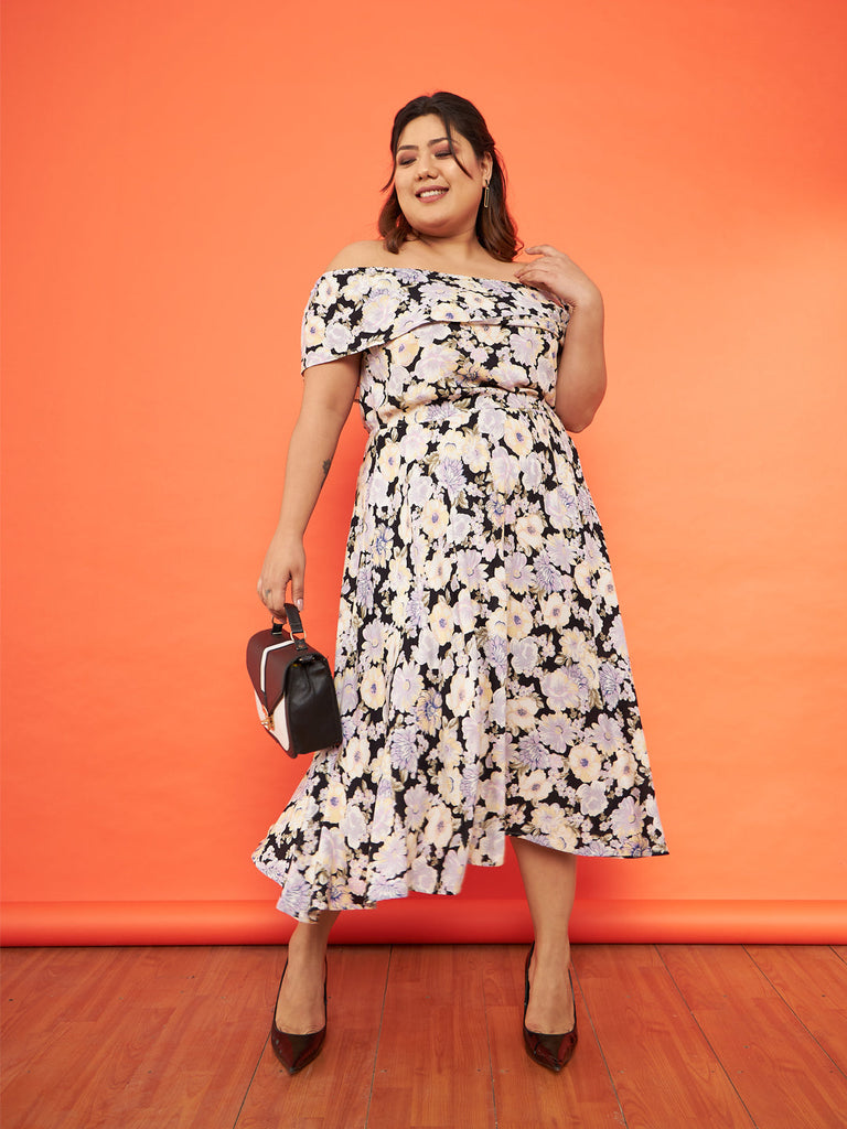 Women's Black Floral Bardot Layered A-Line Midi Dress