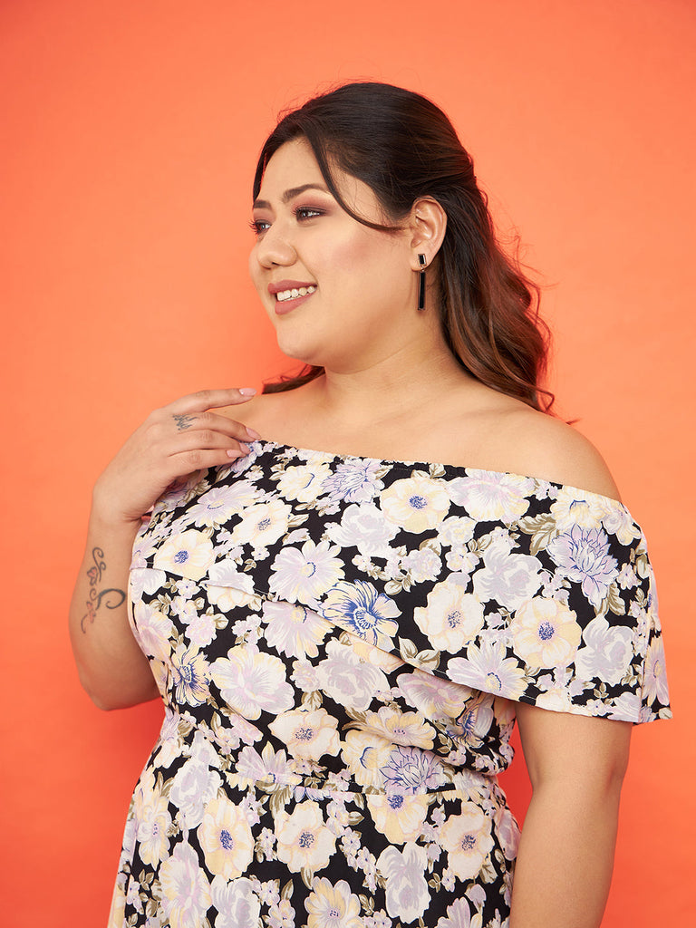 Women's Black Floral Bardot Layered A-Line Midi Dress