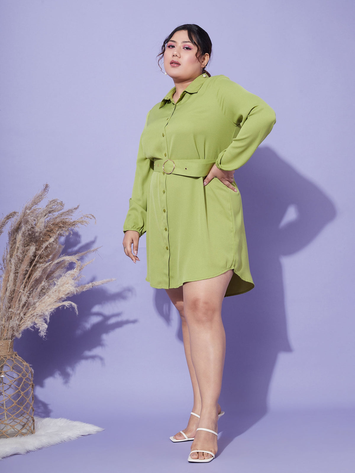 Women's Green Front Open Button Shirt Dress