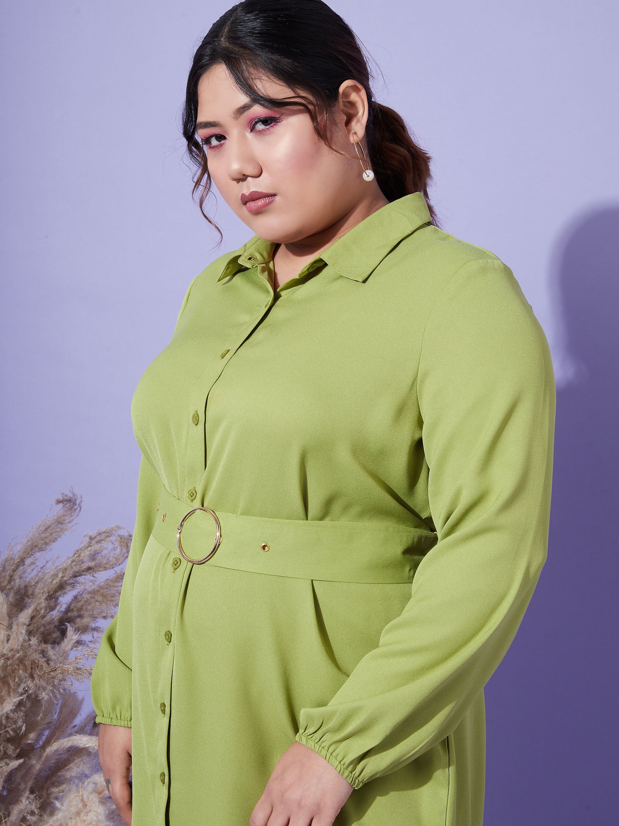 Women's Green Front Open Button Shirt Dress - SASSAFRAS