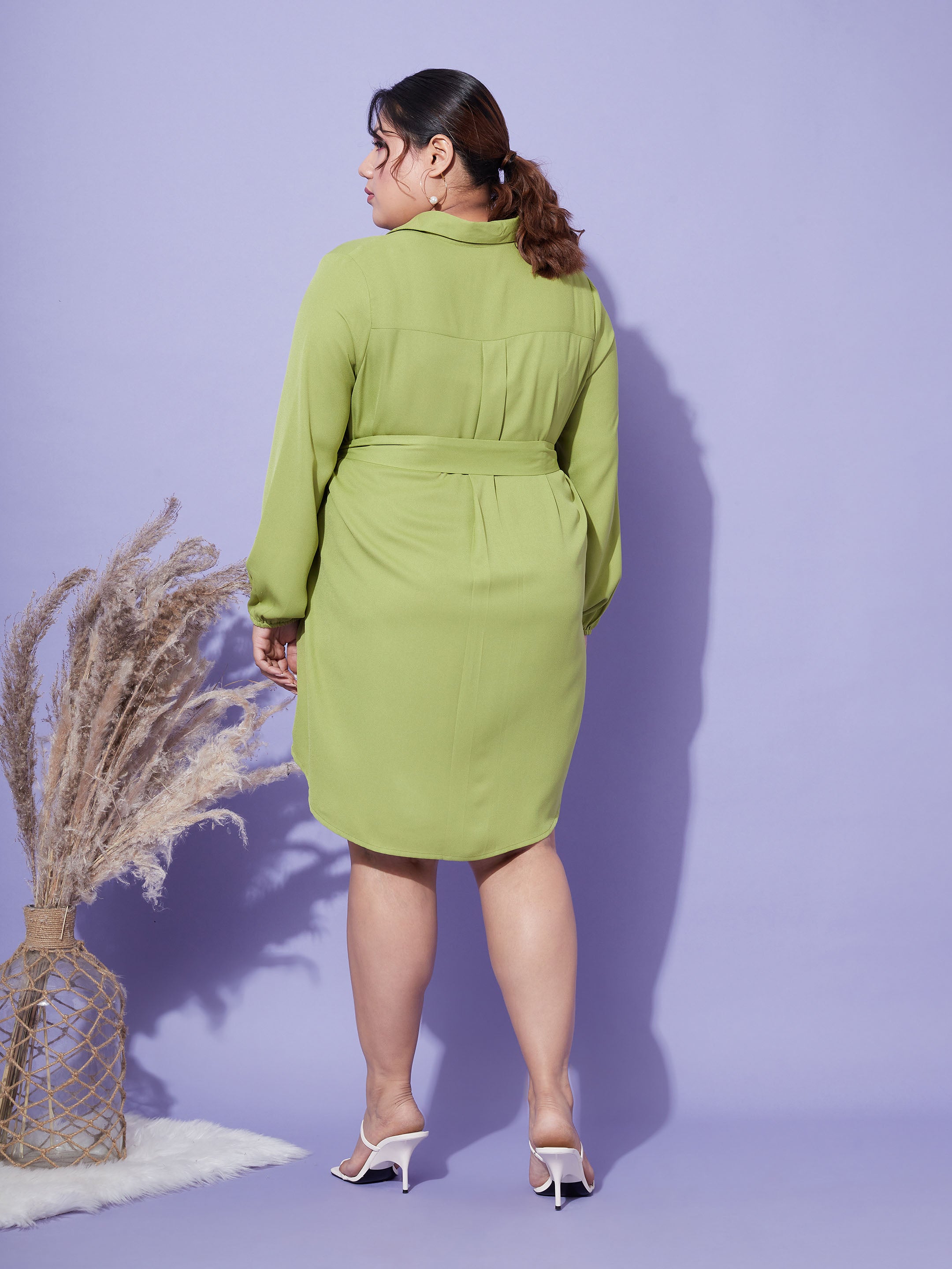 Women's Green Front Open Button Shirt Dress - SASSAFRAS