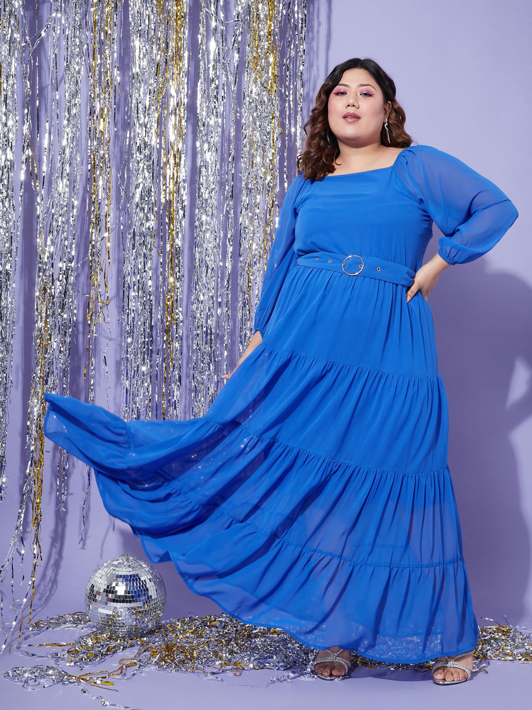 Women's Blue Off Shoulder Tiered Maxi Dress