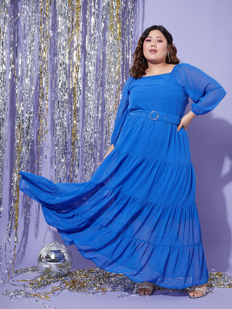 Women's Blue Off Shoulder Tiered Maxi Dress