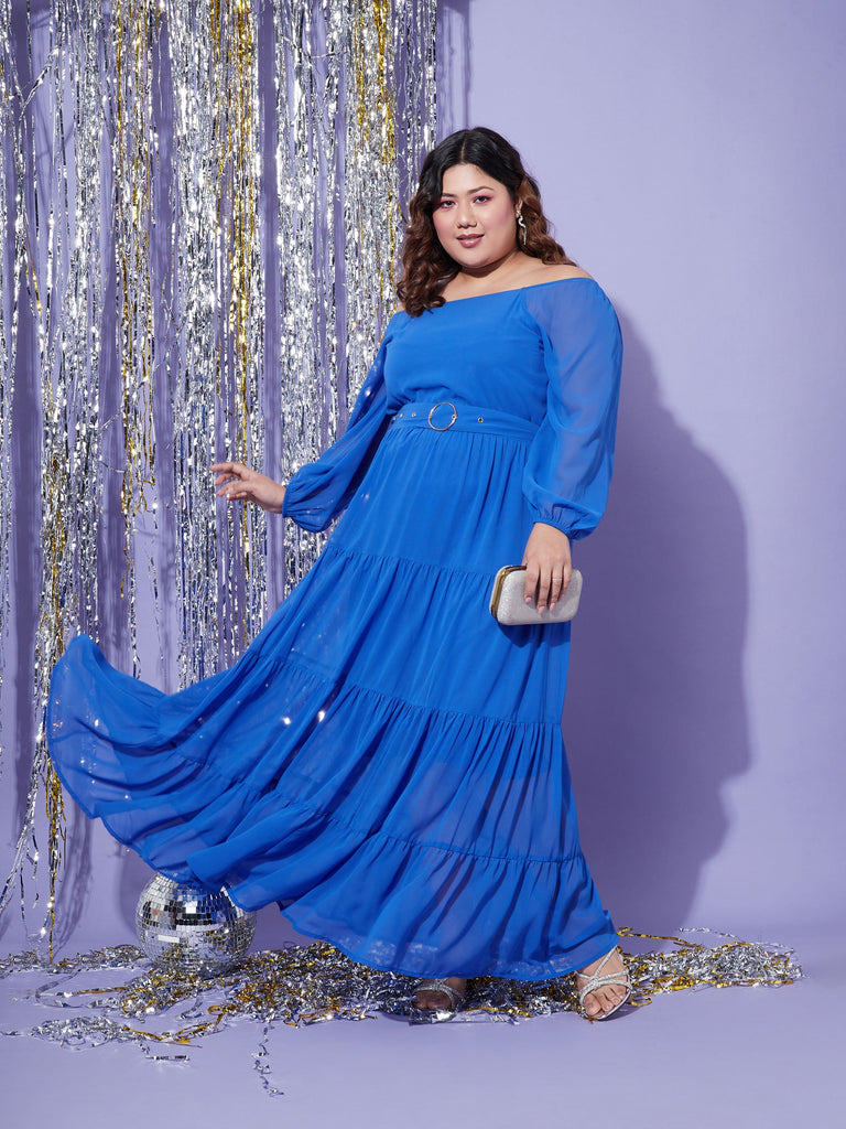 Women's Blue Off Shoulder Tiered Maxi Dress