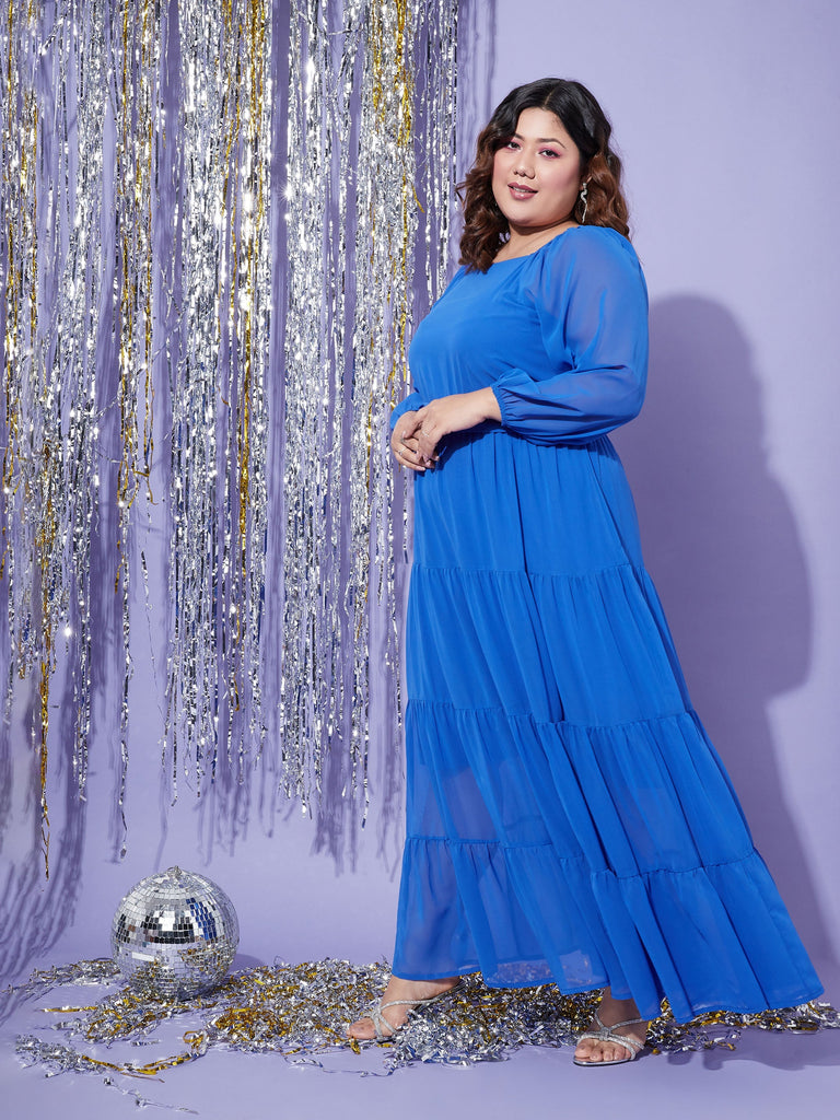 Women's Blue Off Shoulder Tiered Maxi Dress