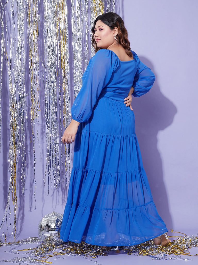 Women's Blue Off Shoulder Tiered Maxi Dress