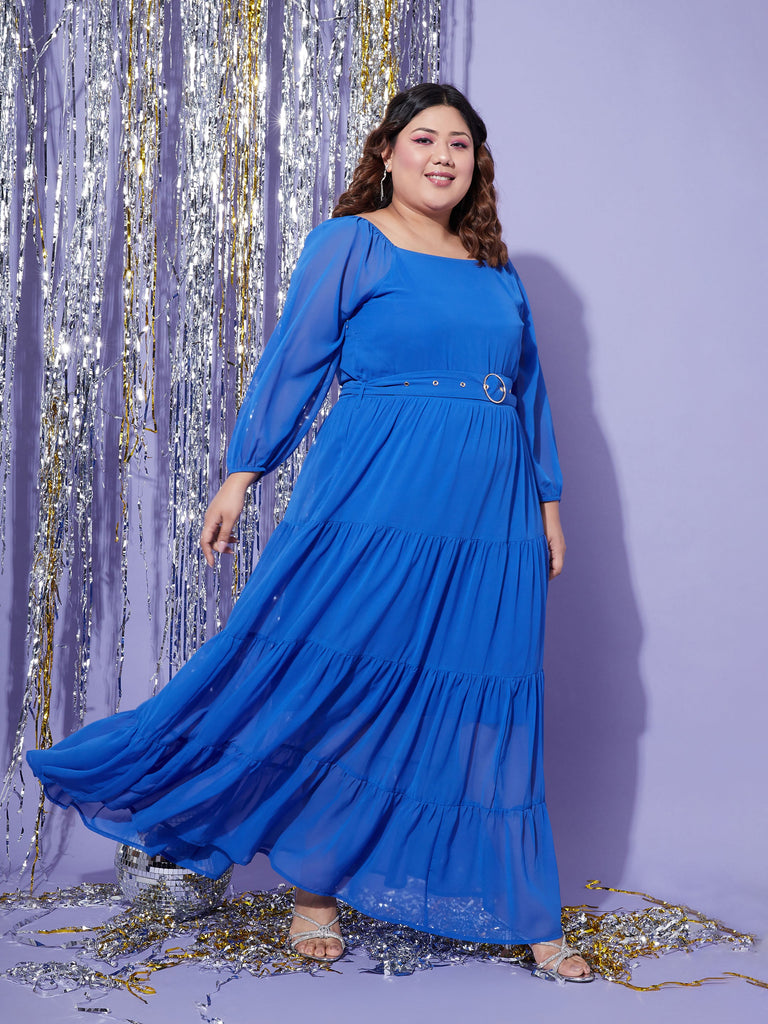 Women's Blue Off Shoulder Tiered Maxi Dress