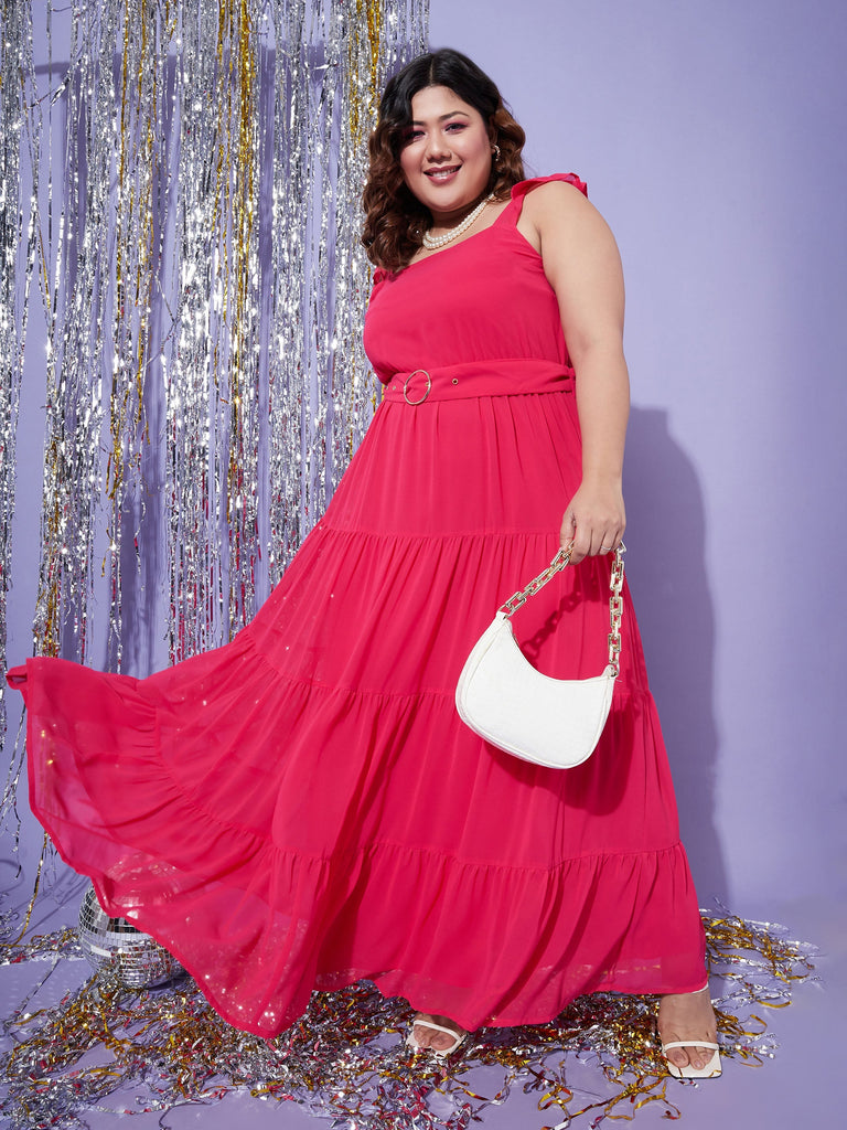 Women's Magenta Strappy Frill Tiered Maxi Dress