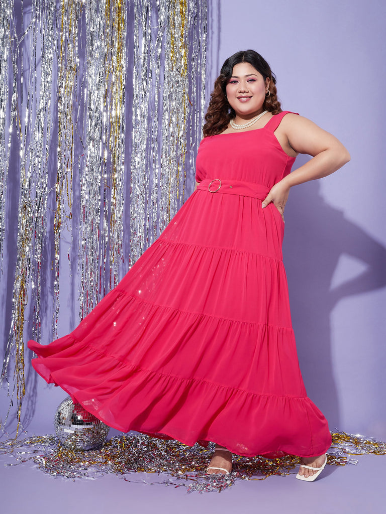 Women's Magenta Strappy Frill Tiered Maxi Dress