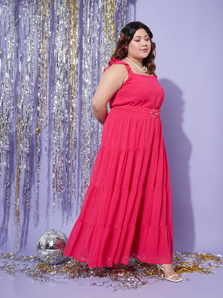 Women's Magenta Strappy Frill Tiered Maxi Dress