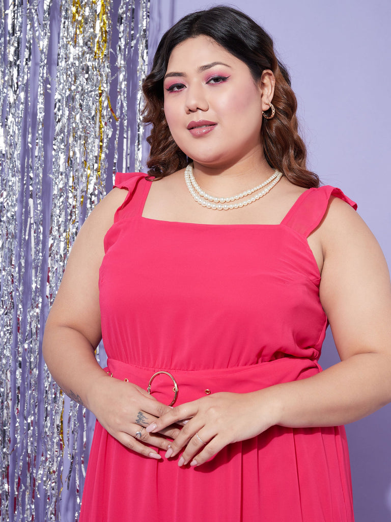 Women's Magenta Strappy Frill Tiered Maxi Dress