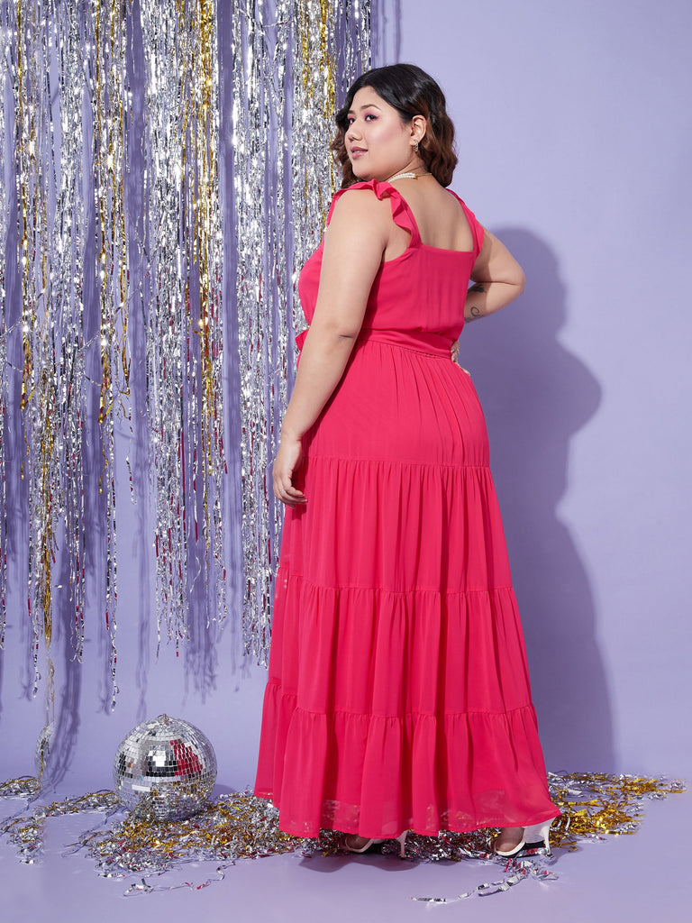 Women's Magenta Strappy Frill Tiered Maxi Dress