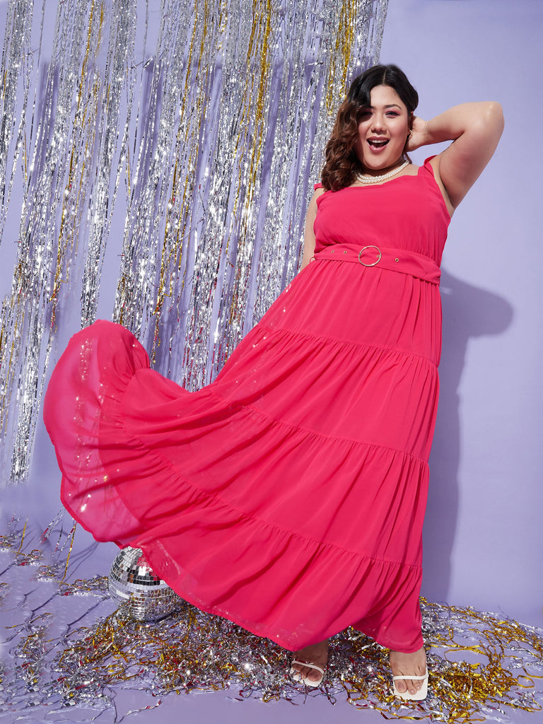 Women's Magenta Strappy Frill Tiered Maxi Dress